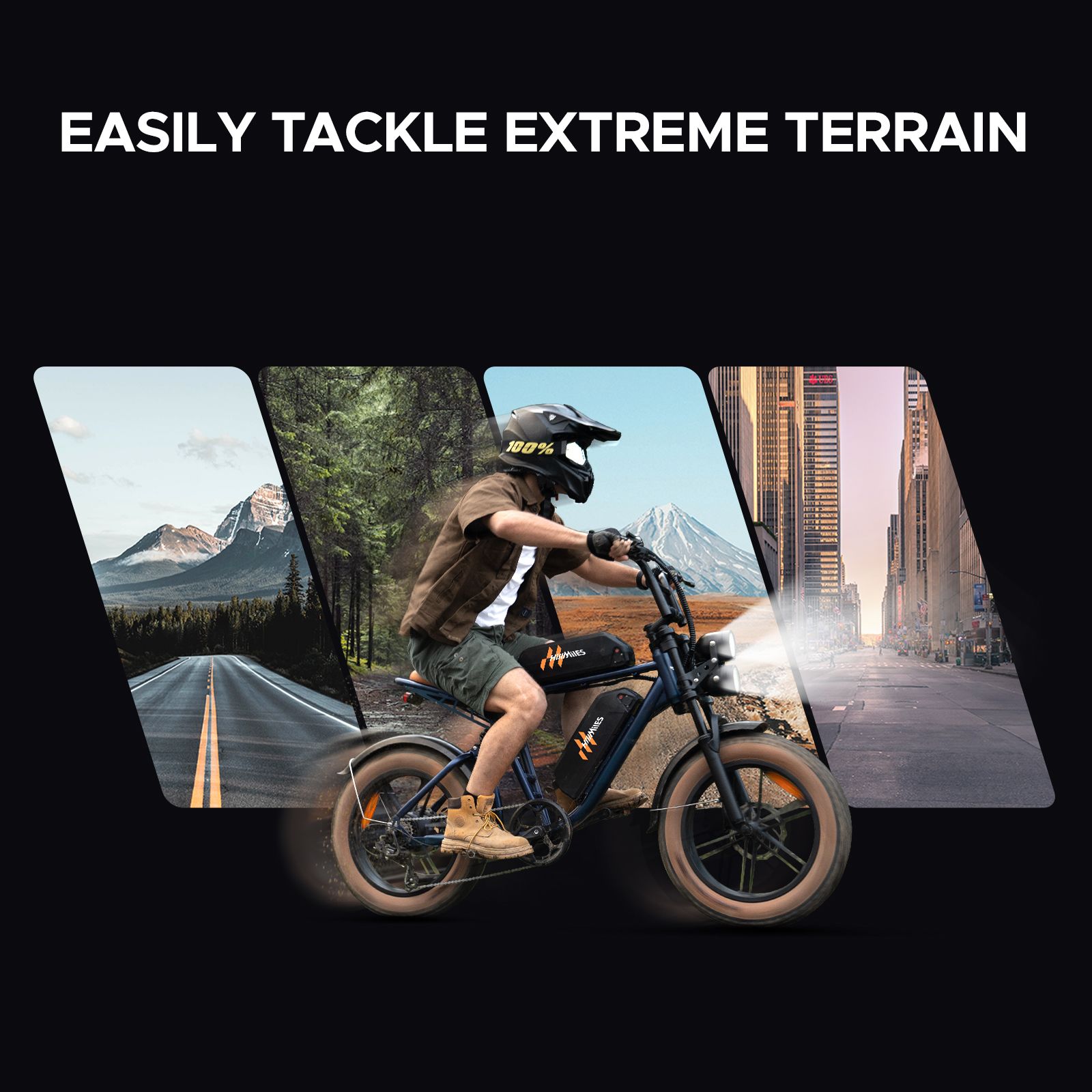 Vélo électrique sur différents terrains. Texte: Abordez facilement les terrains extrêmes. Montagnes, forêt, ville.