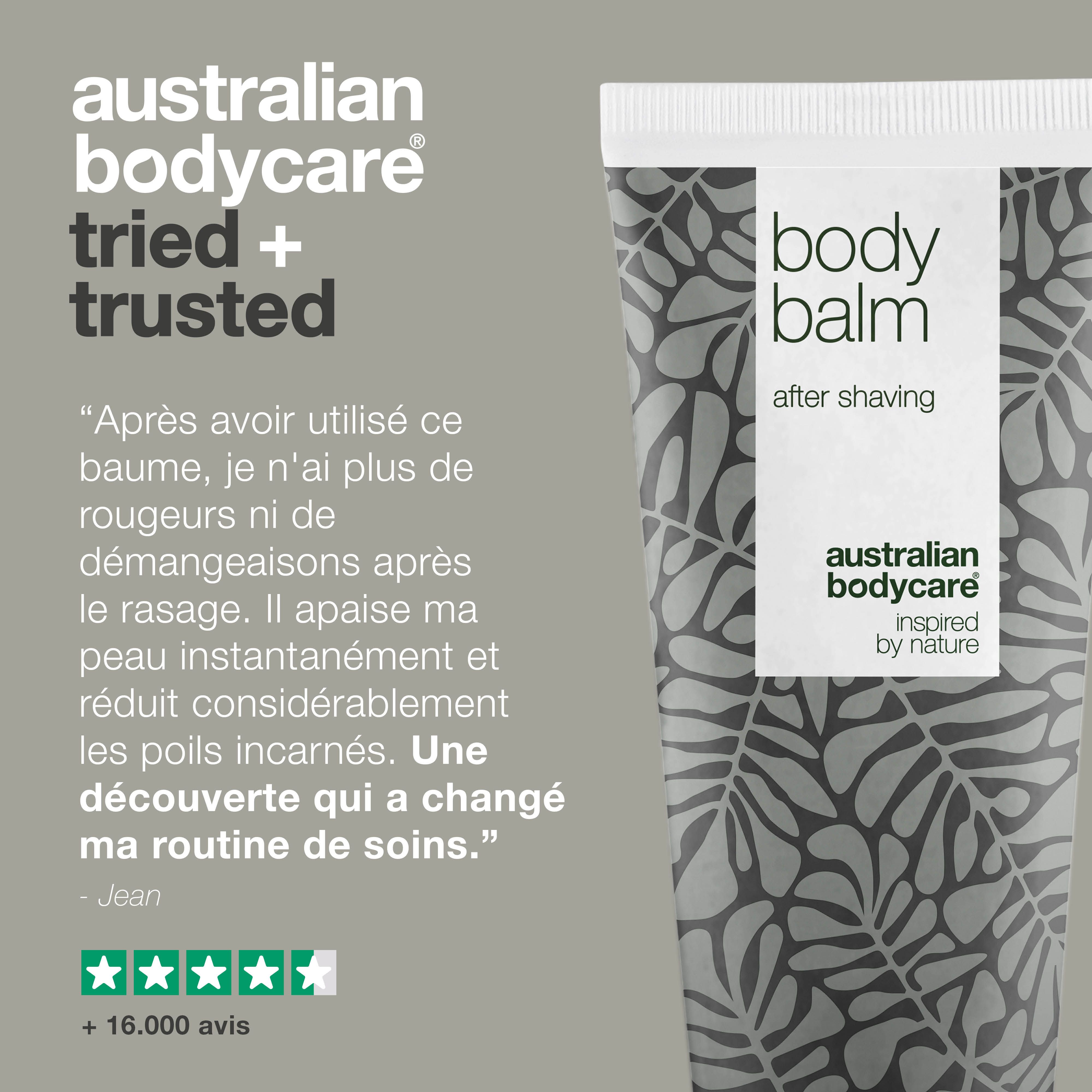 Tube de baume après-rasage avec texte. Inscription : Body Balm, After Shaving, Australian Bodycare, inspiré par la nature.