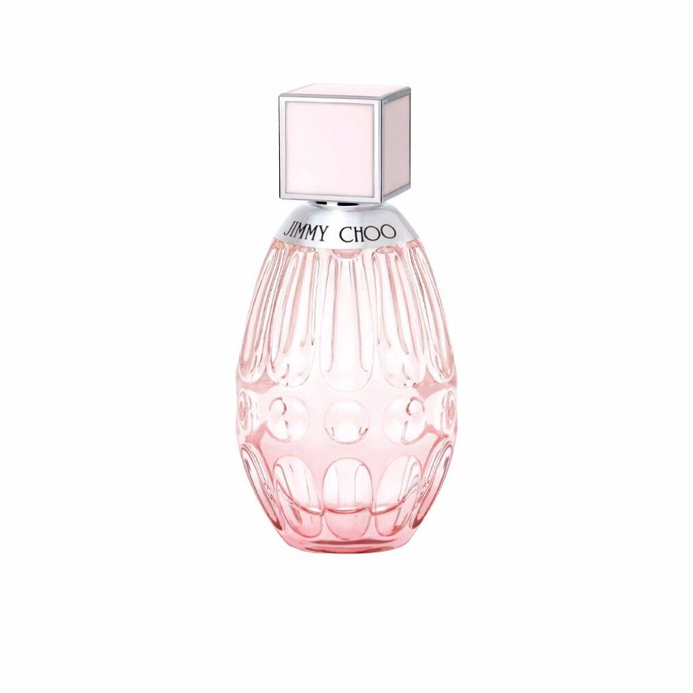 Flacon en verre rose, col argenté, bouchon carré. Inscription: JIMMY CHOO.
