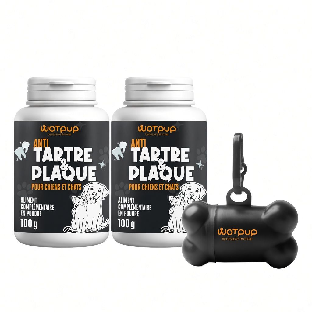 Deux pots de poudre "WOTRUP Anti Tartre & Plaque" pour chiens et chats, 100g chacun. Un distributeur noir en forme d'os avec mousqueton.