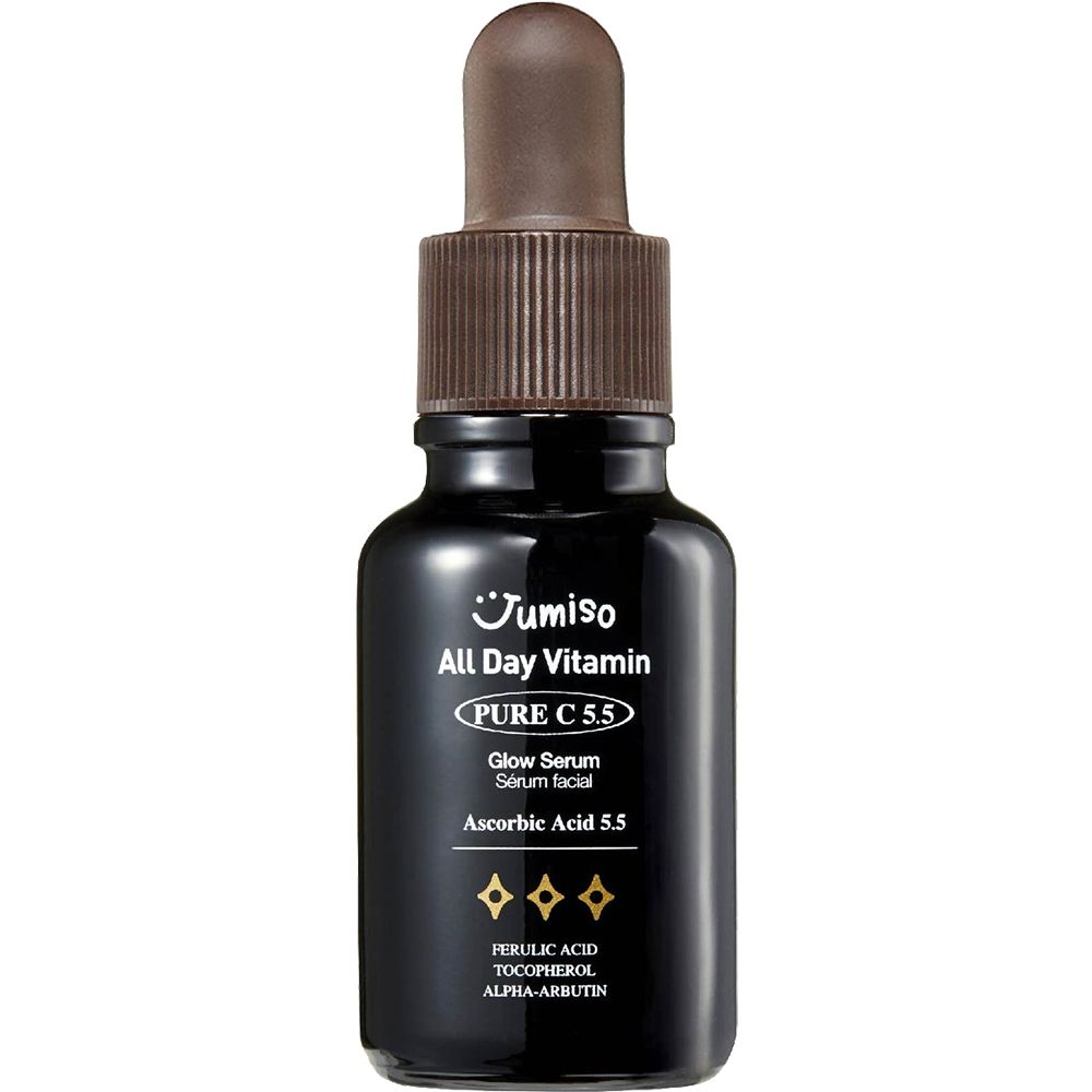 Flacon en verre foncé avec bouchon et pipette marron. Inscription : JUMISO All Day Vitamin Pure C 5.5 Glow Serum. Contient de l'acide ascorbique.