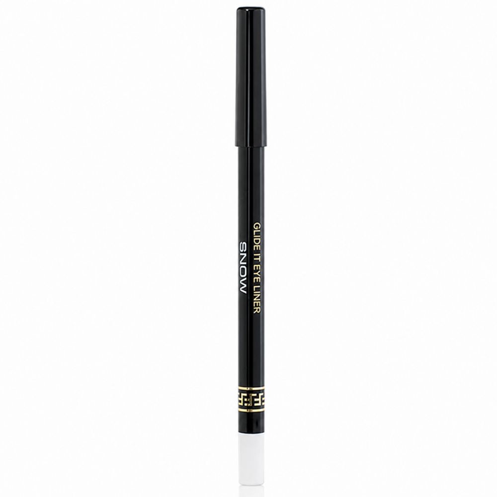 Crayon khôl noir avec inscription dorée 'SNOW GLIDE IT EYE LINER'. Pointe blanche.