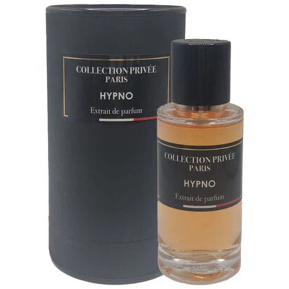 Emballage cylindrique noir à côté d'un flacon en verre. Flacon avec "COLLECTION PRIVEE PARIS", "HYPNO" et "Extrait de parfum".
