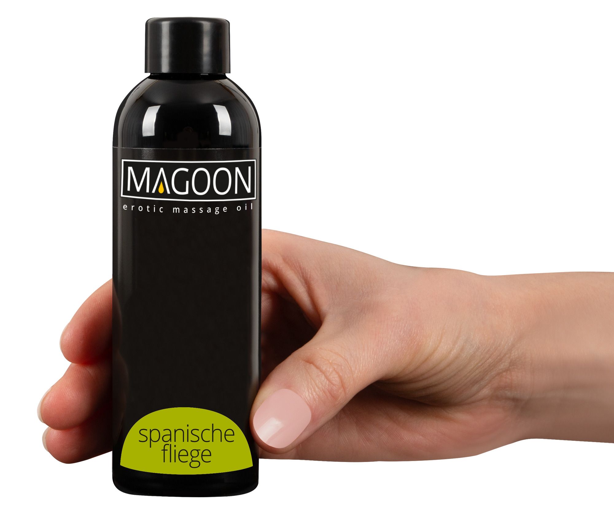 Bouteille noire d'huile de massage érotique MAGOON, étiquette "spanische fliege".