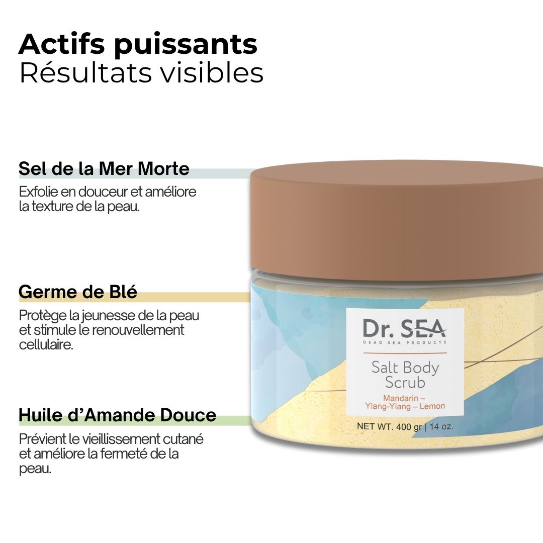 Pot de gommage corporel avec informations. Texte : Sel de la Mer Morte, Germe de Blé, Huile d'Amande Douce.