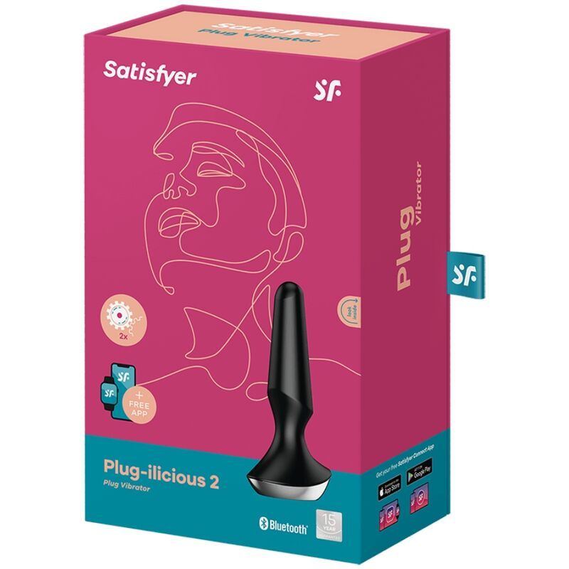 Emballage du vibrateur anal "Plug-ilicious 2". Boîte rose avec image du produit, nom de marque et indication de l'application.