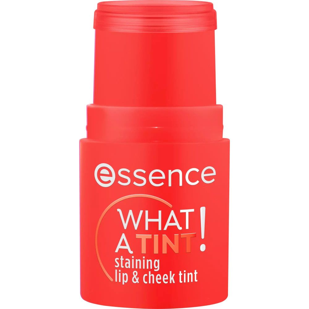 Teinte lèvres et joues Essence. Récipient cylindrique rouge avec "WHAT A TINT!" pour lèvres et joues.