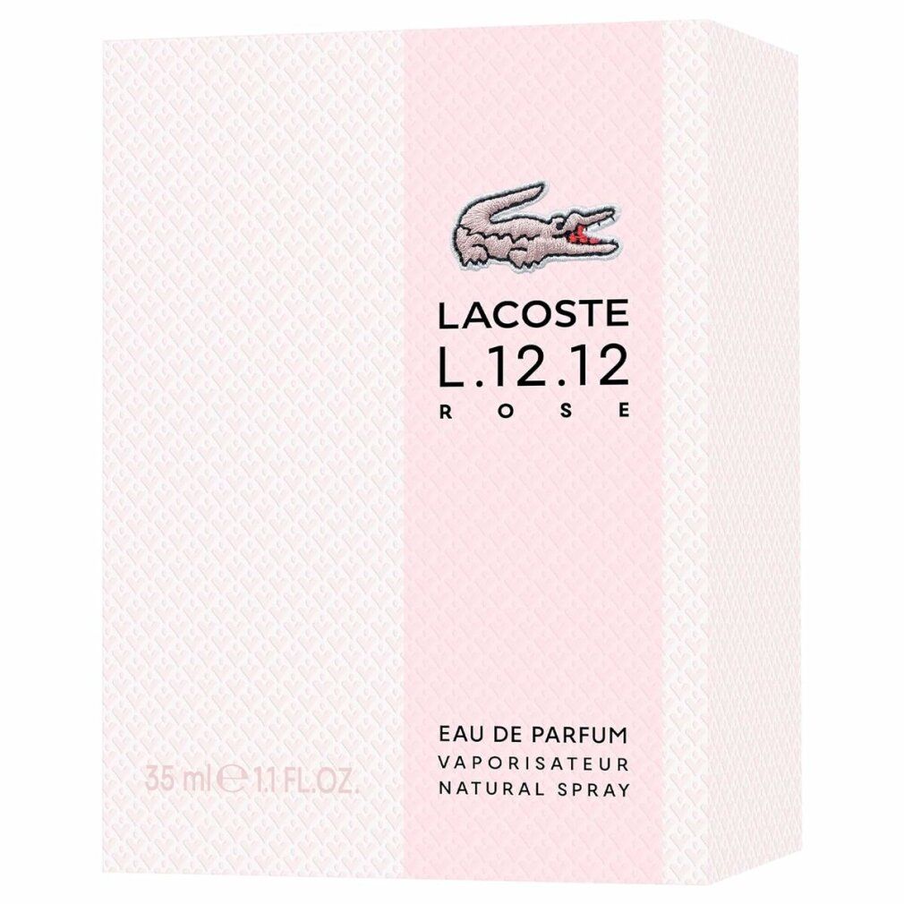 Boîte Lacoste L.12.12 Rose EdP Nat. Spray. Logo crocodile. Texte: Eau de Parfum, Natural Spray, 35 ml.