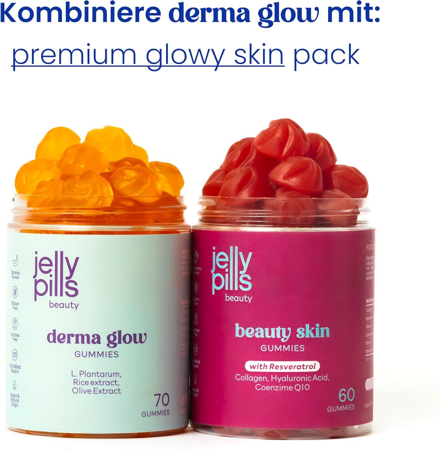 Twee potten Jelly Pills Gummies. Derma Glow en Beauty Skin. 70 en 60 gummies. Opschrift: L. Plantarum, Resveratrol, Collageen, Hyaluronzuur, Co-enzym Q10.