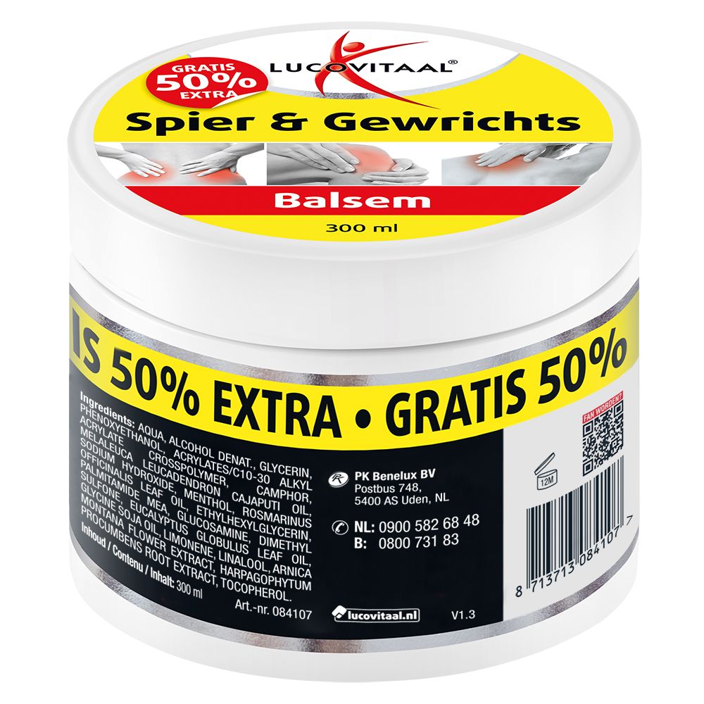 Witte pot met gele deksel. Opschrift: Lucovitaal, Spier & Gewrichts Balsem. 50% Extra. 300 ml. Ingrediëntenlijst en contactgegevens.
