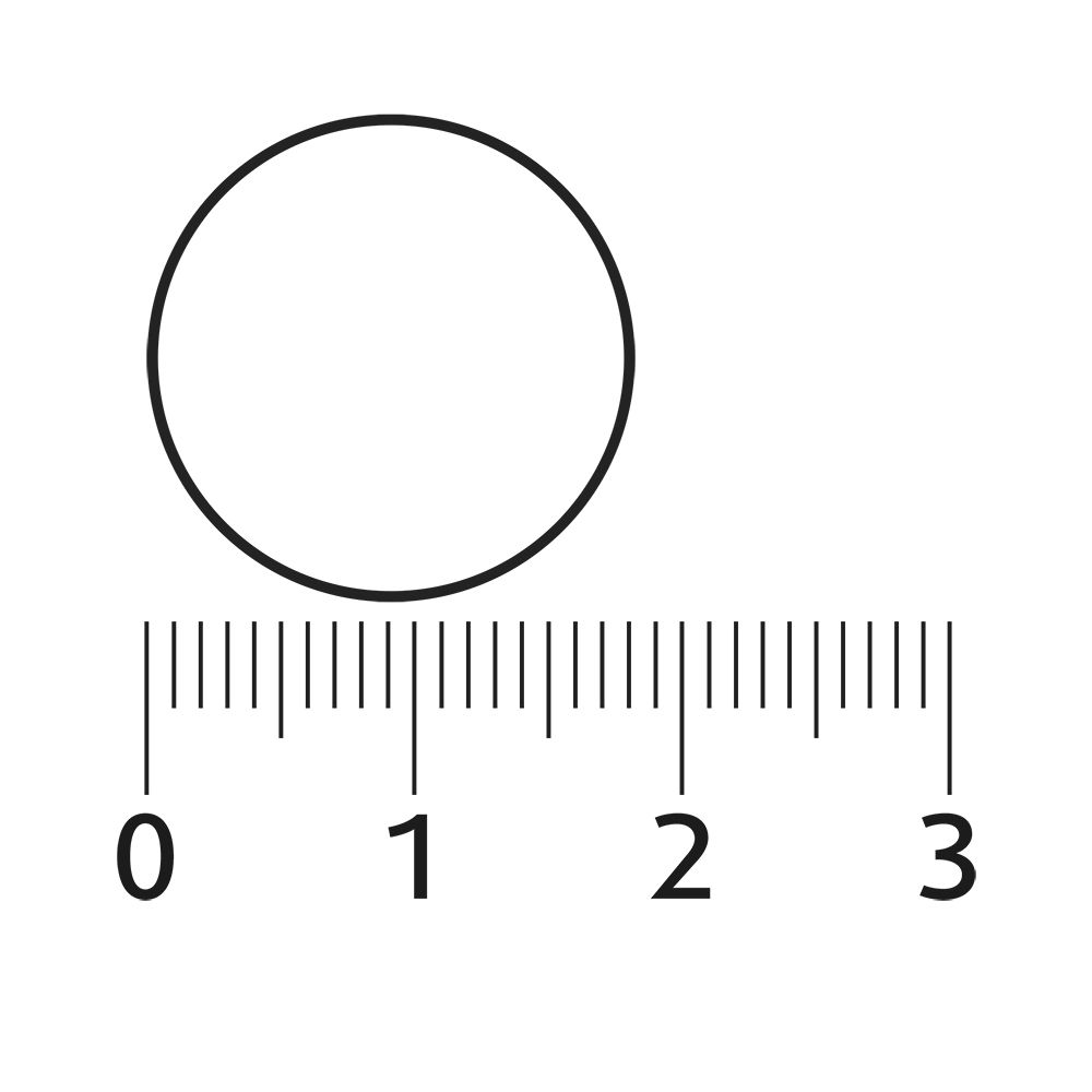 Cirkel met zwarte rand. Daarnaast een liniaal met centimeterverdeling. Geeft de werkelijke grootte aan.
