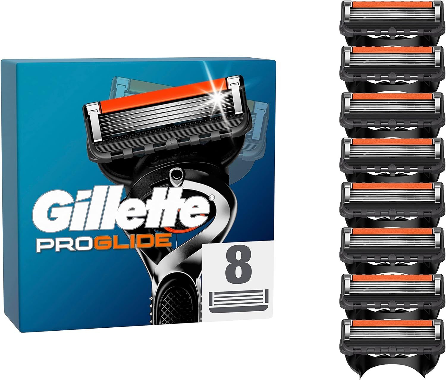 Gillette ProGlide scheermesjes verpakking met 8 mesjes. Blauwe verpakking met productafbeelding en logo.