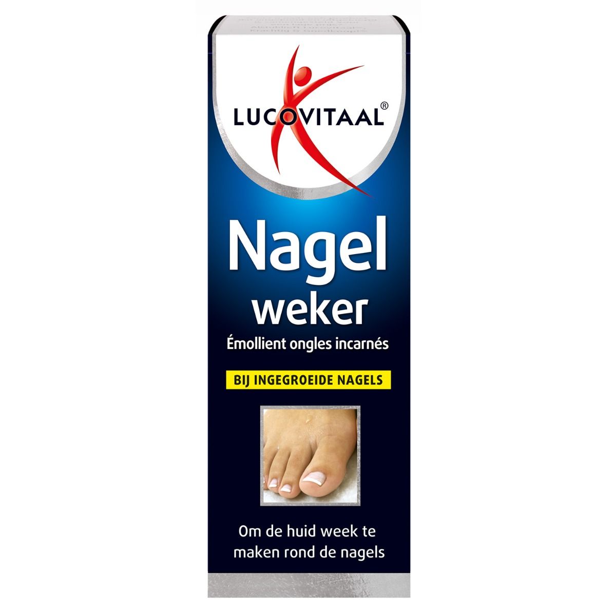 Productverpakking met 'Nagel Weker' en logo. Bevat een afbeelding van een voet met een ingegroeide teennagel.