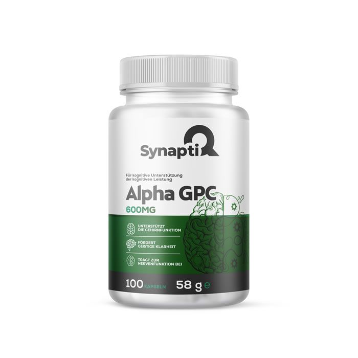 Flacon de SynaptiQ® Alpha GPC. Étiquette verte et blanche. Contient 100 gélules. Inscription : 600MG.