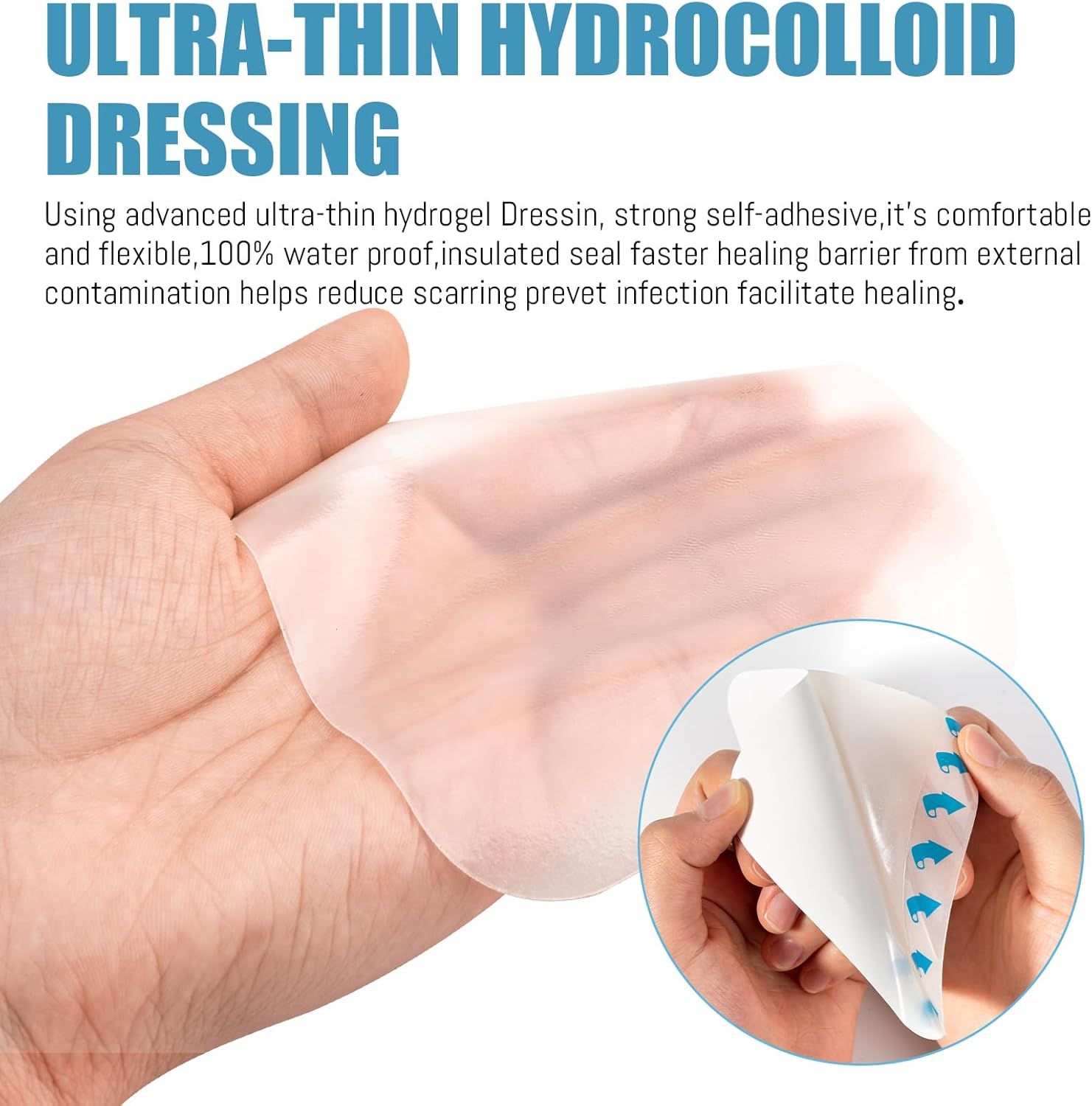 Pansement hydrocolloïde ultra-mince. Montre un pansement transparent dans la main.