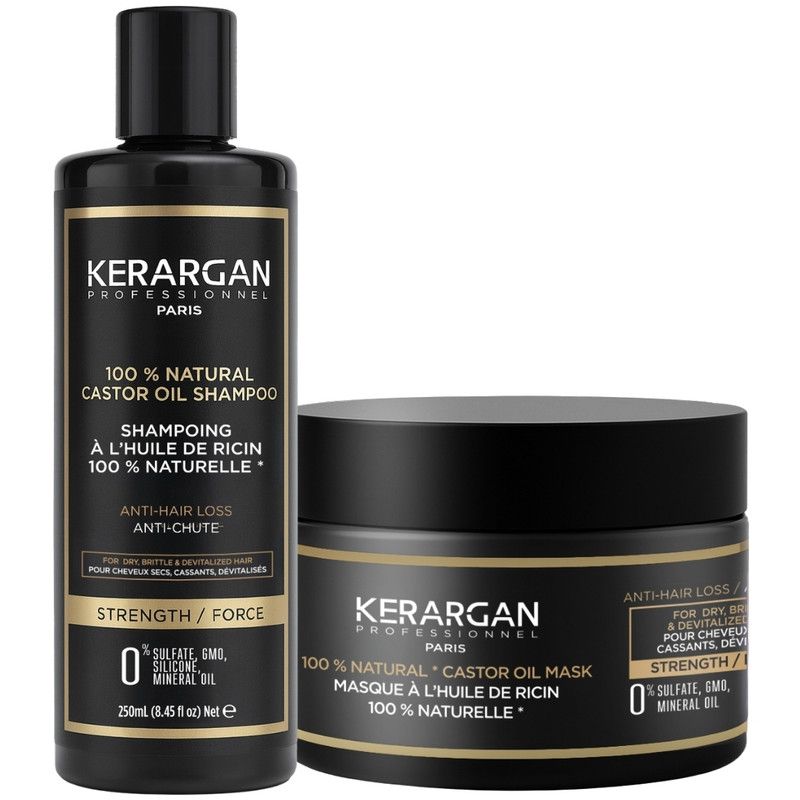 Deux contenants noirs. À gauche, flacon de shampooing avec étiquette dorée. À droite, pot de masque, également avec étiquette dorée. Les deux produits portent la marque.