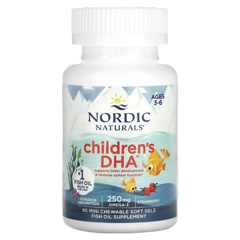 Fles NORDIC NATURALS Children's DHA Omega-3 aardbeiensmaak, 90 Mini Chewable Soft Gels.