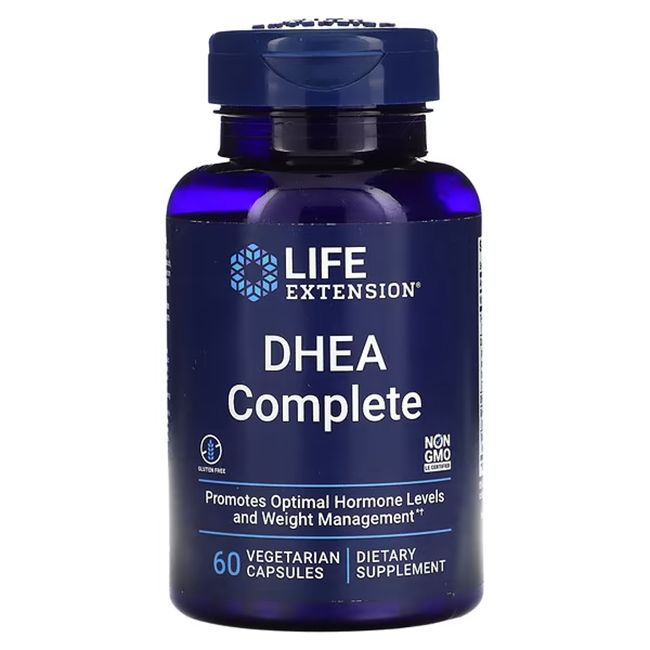 Bouteille bleu foncé avec étiquette Life Extension DHEA Complete, 60 gélules végétariennes.