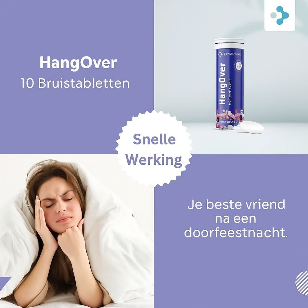 Reclame voor HangOver bruistabletten. Vrouw onder deken. Tube met tabletten. Tekst: Snelle werking. Je beste vriend.