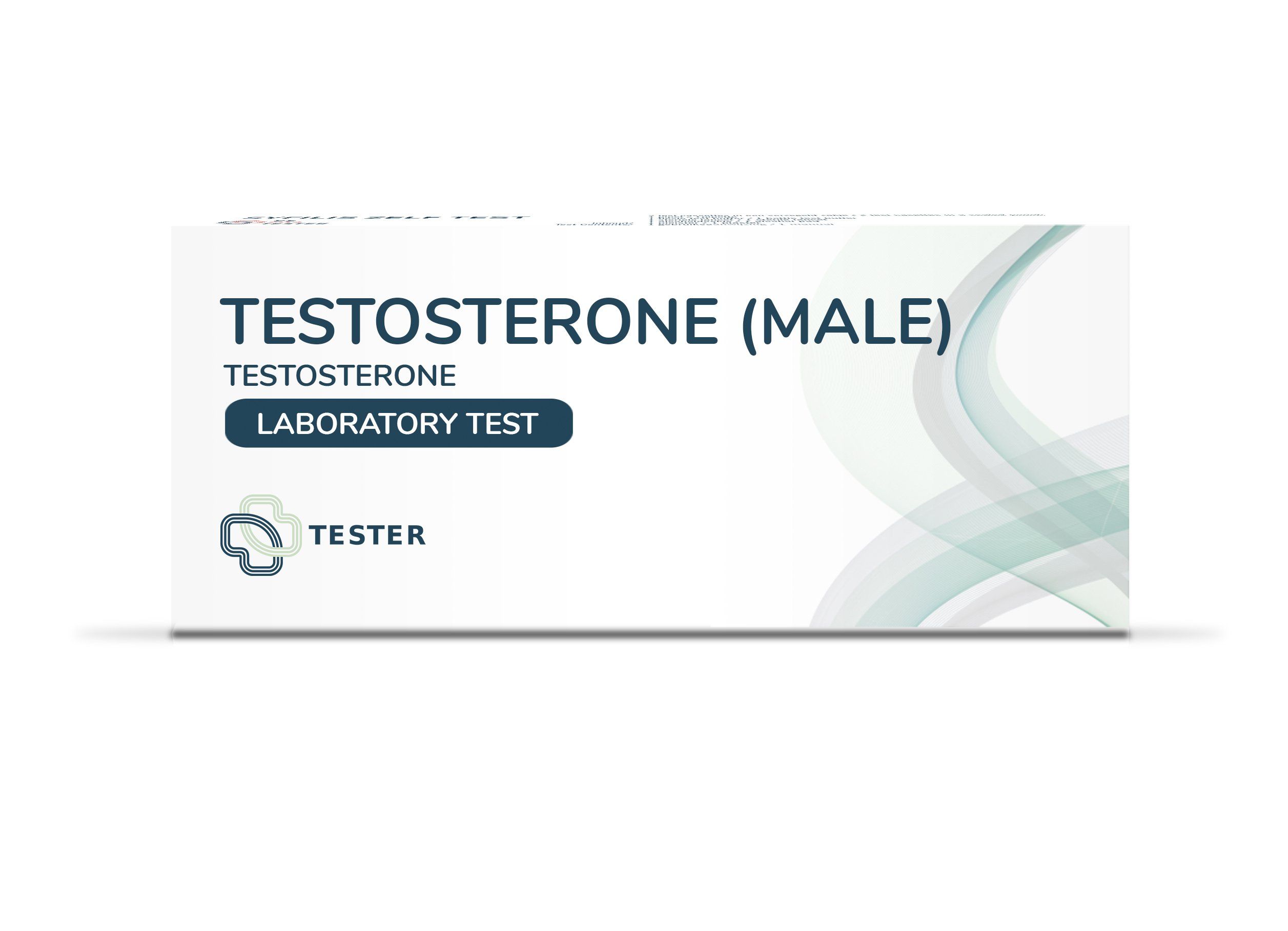 Testosteron test (mannelijk). Witte verpakking met blauwe tekst: TESTOSTERONE (MALE), LABORATORY TEST. Logo: Tester.