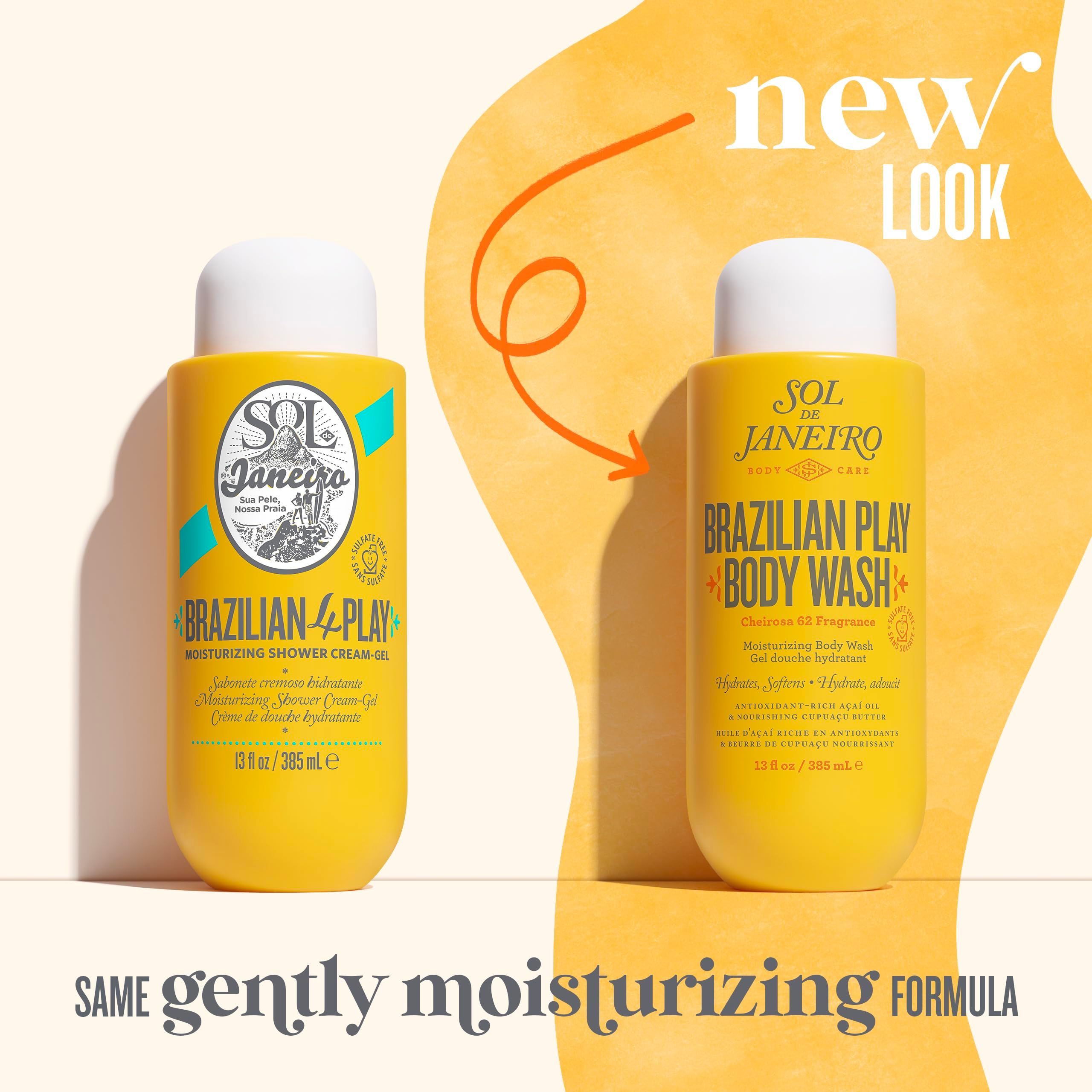 Vergelijking van twee Sol de Janeiro douchegelflessen. Links: Brazilian 4 Play. Rechts: Brazilian Play Body Wash. Beide geel.