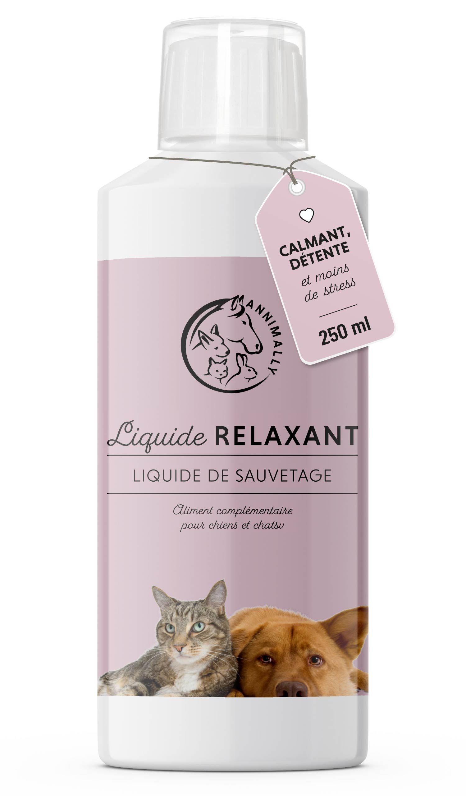 Flacon blanc et rose avec étiquette. Inscription: Liquide Relaxant, Liquide de sauvetage. Représentation: chat, chien. Étiquette: Calmant, détente, moins de stress.