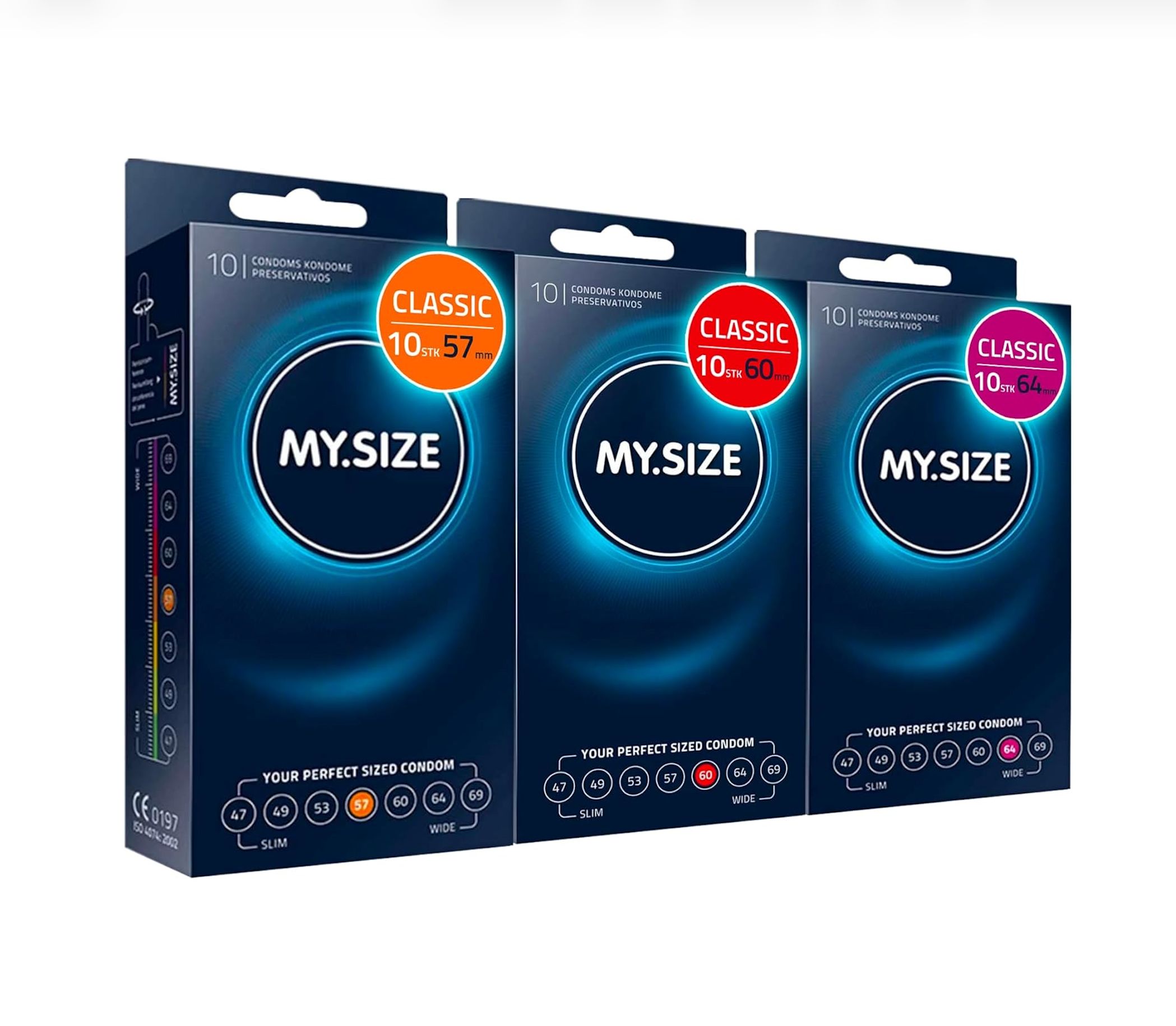 Drie dozen MY.SIZE Classic condooms, maten 57, 60 en 64.
