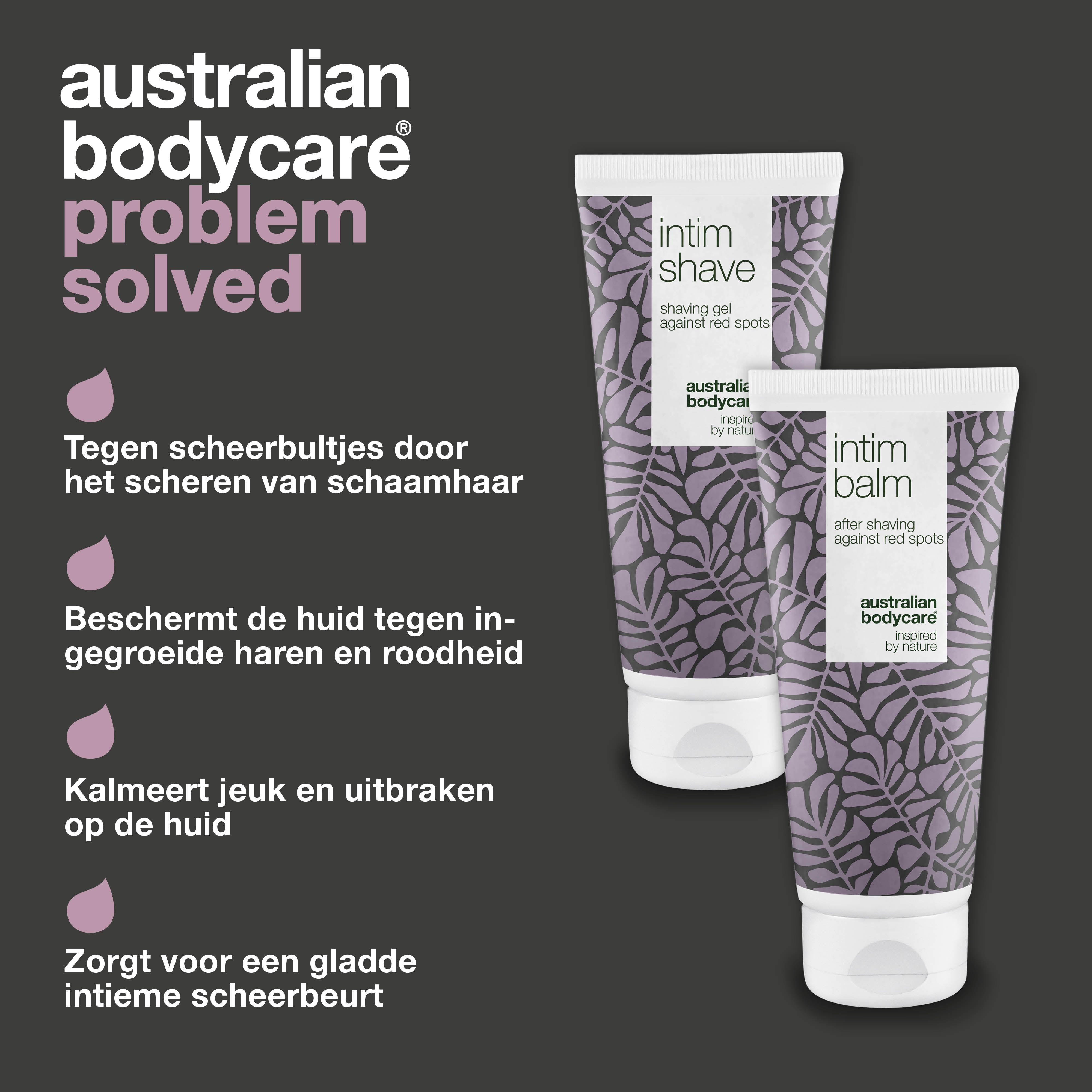 Probleem opgelost. Intim-Shave gel en intieme balsem. Merk: Australian Bodycare.