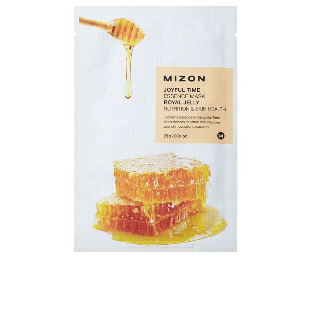 Gezichtsmasker. Opschrift: Mizon Joyful Time Essence Mask Royal Jelly. Honingraat. Honing druppelt van lepel.