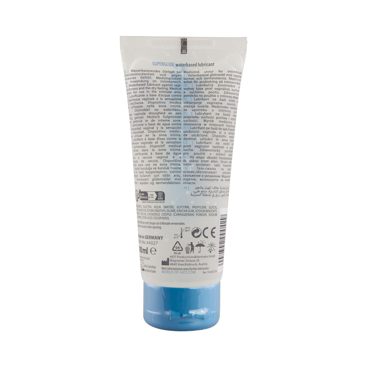 Dos d'un tube transparent avec bouchon bleu. Texte : SUPERGLIDE, waterbased lubricant, 100ml. Divers symboles et texte.