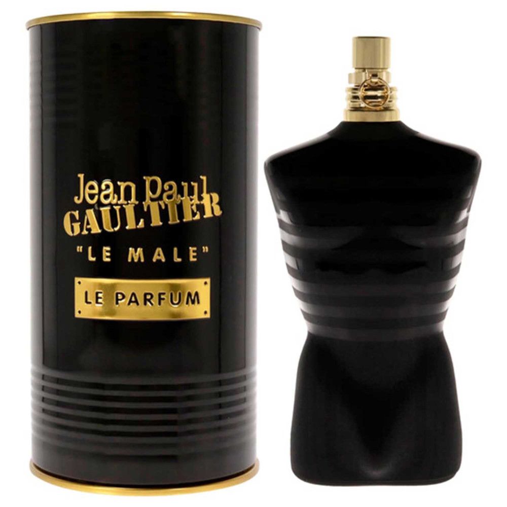 Zwarte torso-vormige fles met gouden dop en cilindrische doos. Opschrift: Jean Paul Gaultier, Le Male, Le Parfum.