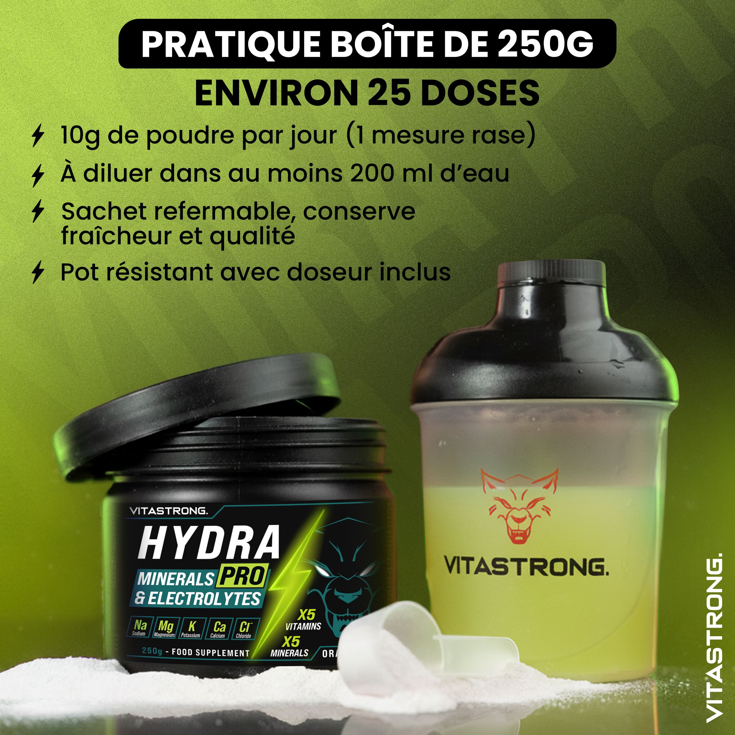 Vitastrong Hydra Pro pot, shaker en lepel. Product en accessoires. Handige 250g verpakking.