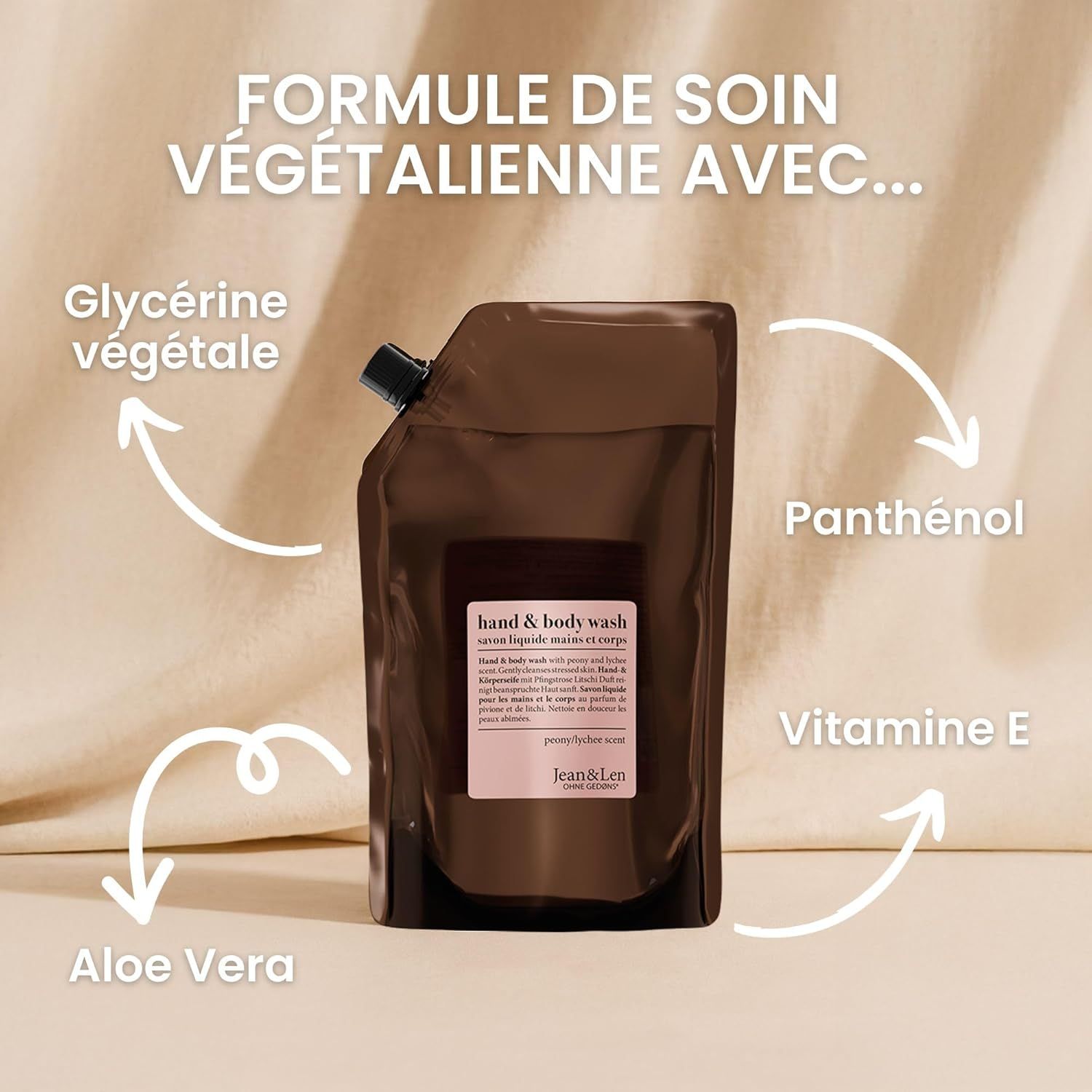 Pochette de recharge pour savon mains et corps avec formule à la glycérine végétale, panthénol et vitamine E.