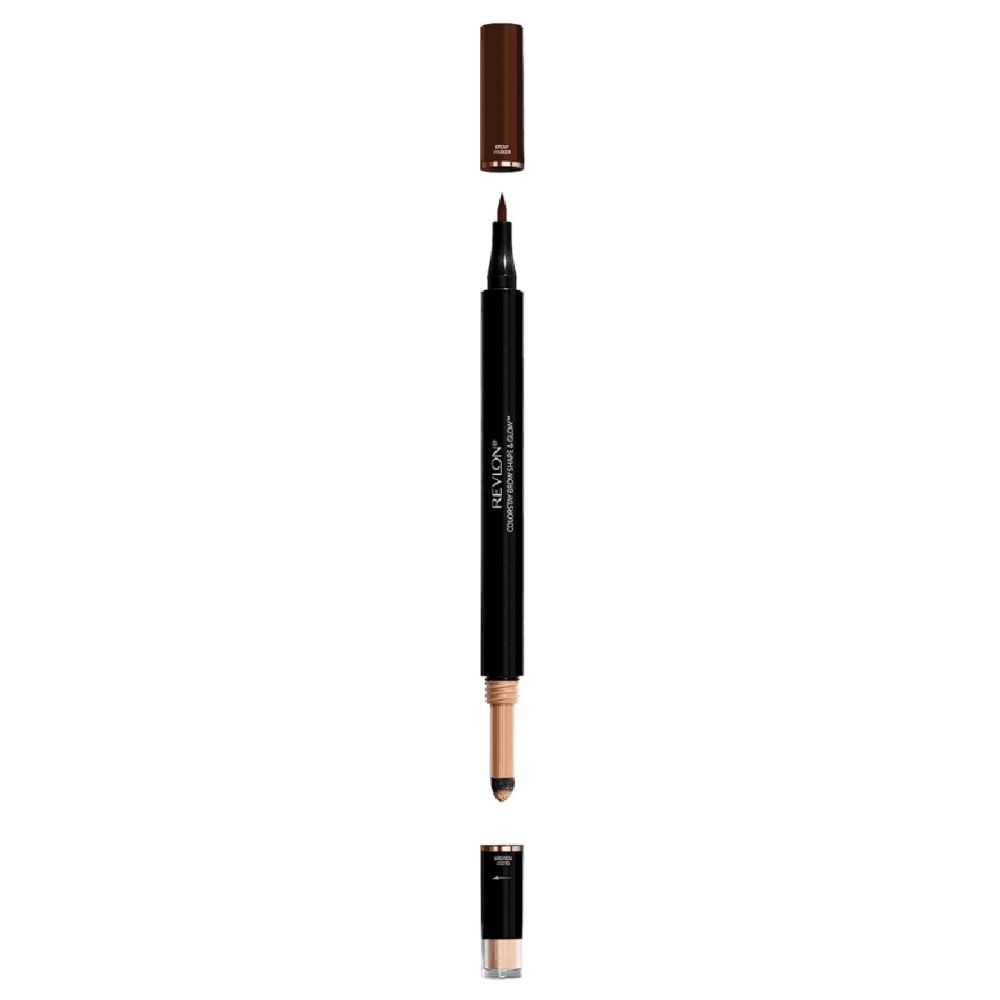 Revlon ColorStay Brow Shape & Glow, séparé. Crayon brun foncé et enlumineur. Les deux extrémités ont des capuchons.