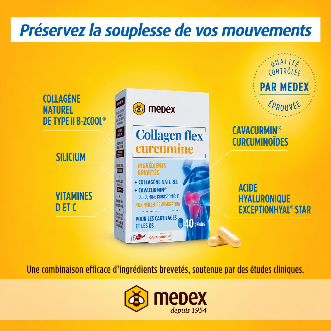 Emballage Medex Collagen flex Curcumin avec informations sur les ingrédients tels que collagène, curcumine et acide hyaluronique.