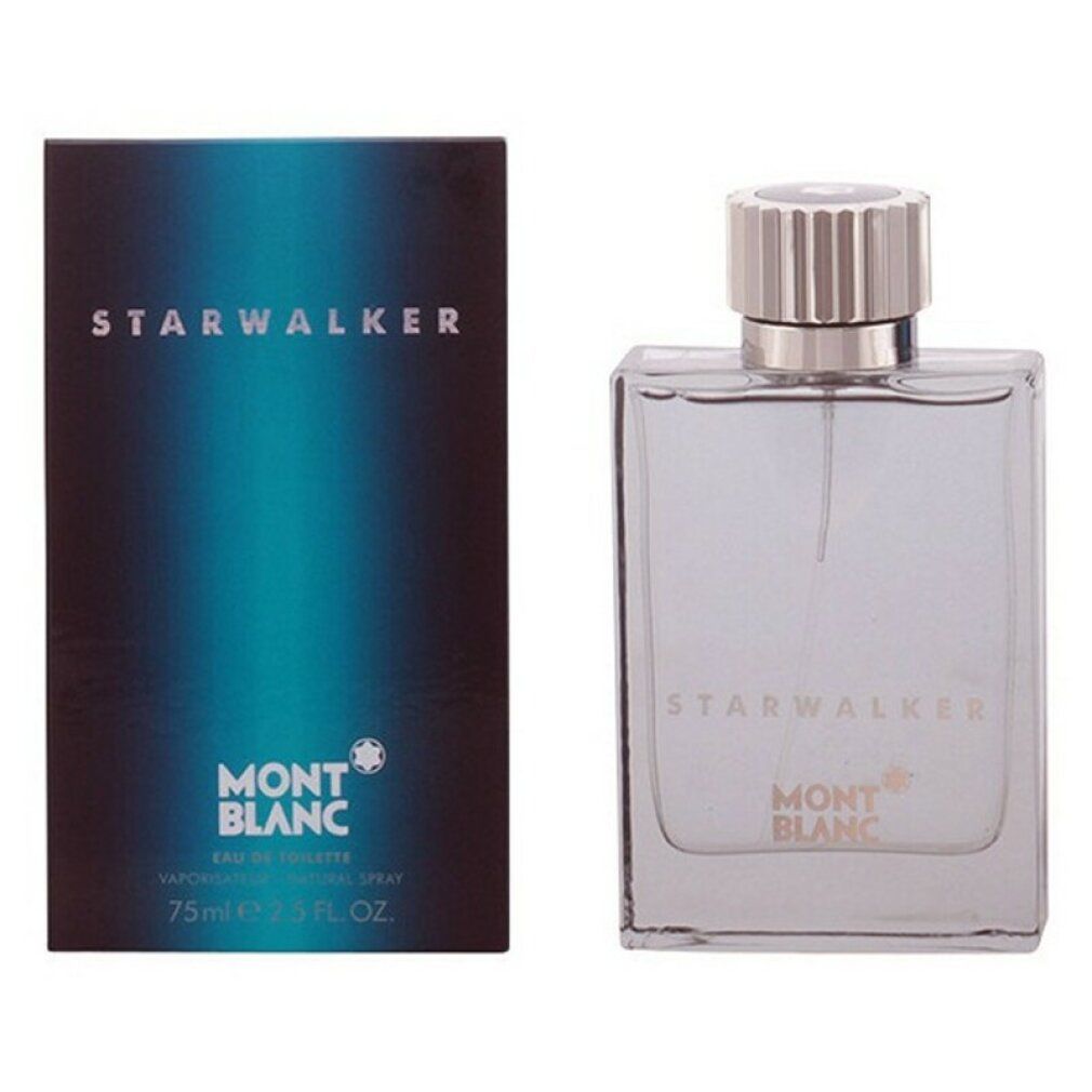 Flacon et emballage Montblanc Starwalker Eau de Toilette. Flacon en verre rectangulaire avec bouchon argenté. Emballage bleu avec logo.