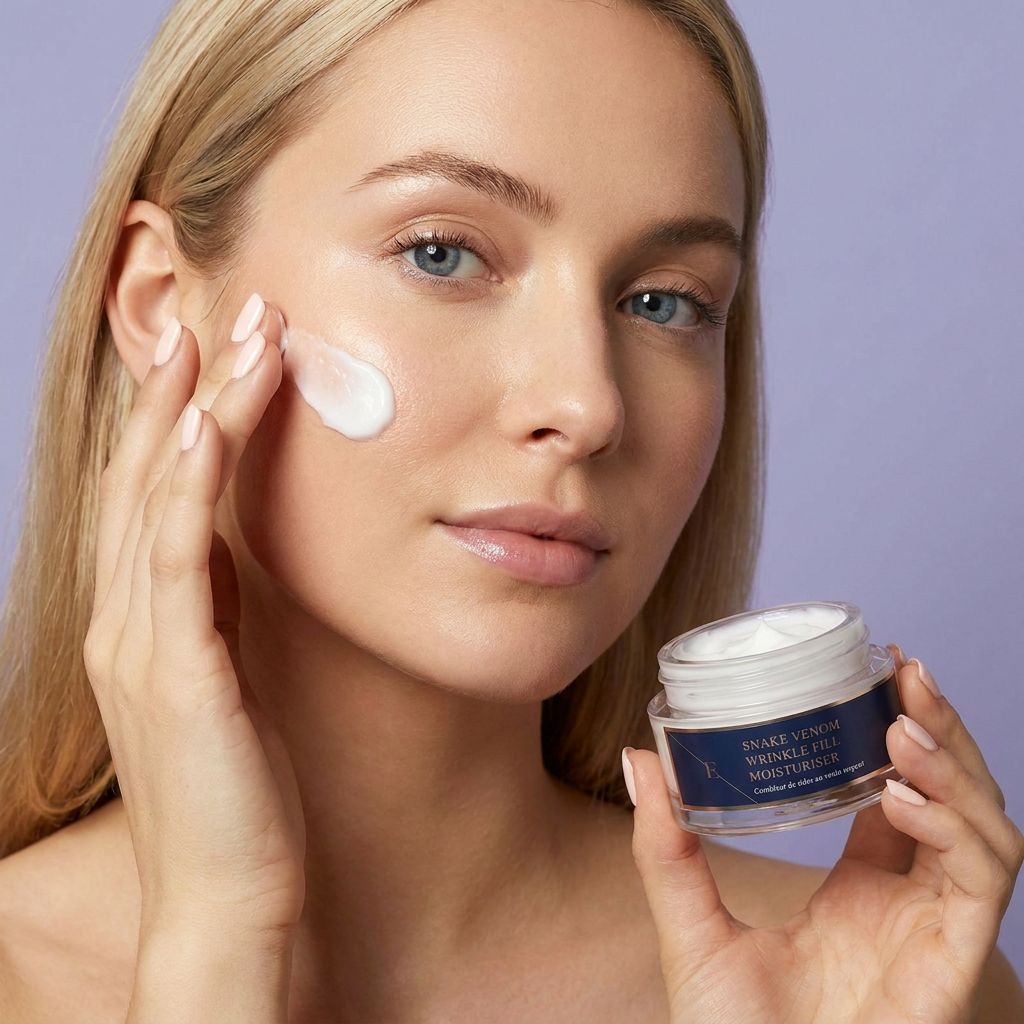 Een vrouw brengt ErthSkin London vochtinbrengende crème aan. Houdt een glazen pot met witte crème vast.