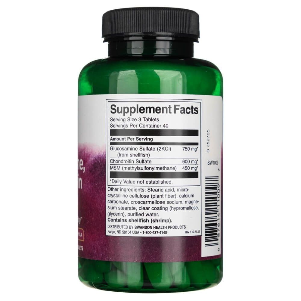 Groene fles met Supplement Facts etiket: Glucosaminesulfaat, Chondroïtinesulfaat, MSM. Bevat schaaldieren.