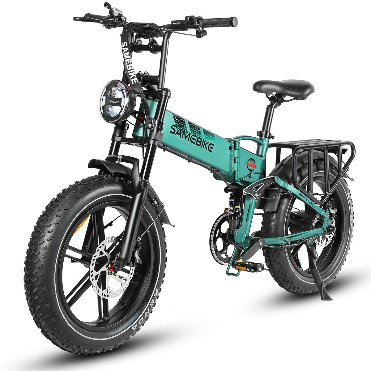 Vélo électrique de montagne SAMEBIKE RS-A02 vert. Pneus noirs, porte-bagages, garde-boue. Phare. Pneus Kenda.