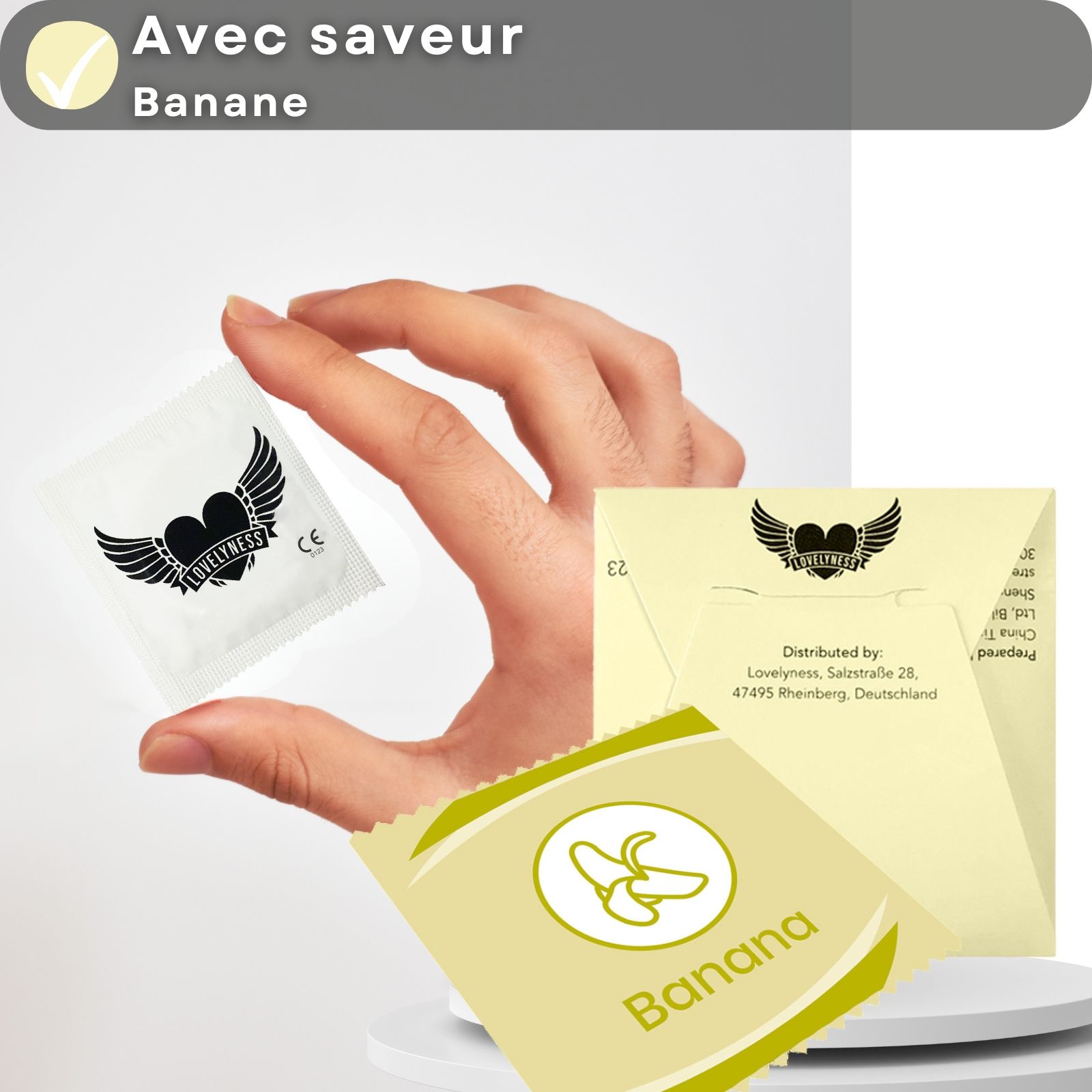 Emballage de préservatifs, goût banane, emballé individuellement, logo.