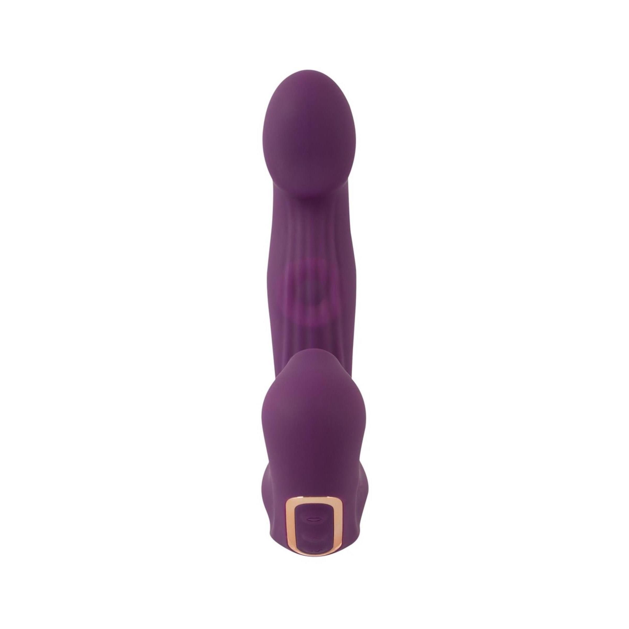 Vibrateur violet. Forme incurvée avec tête arrondie et panneau de commande. Accents dorés.