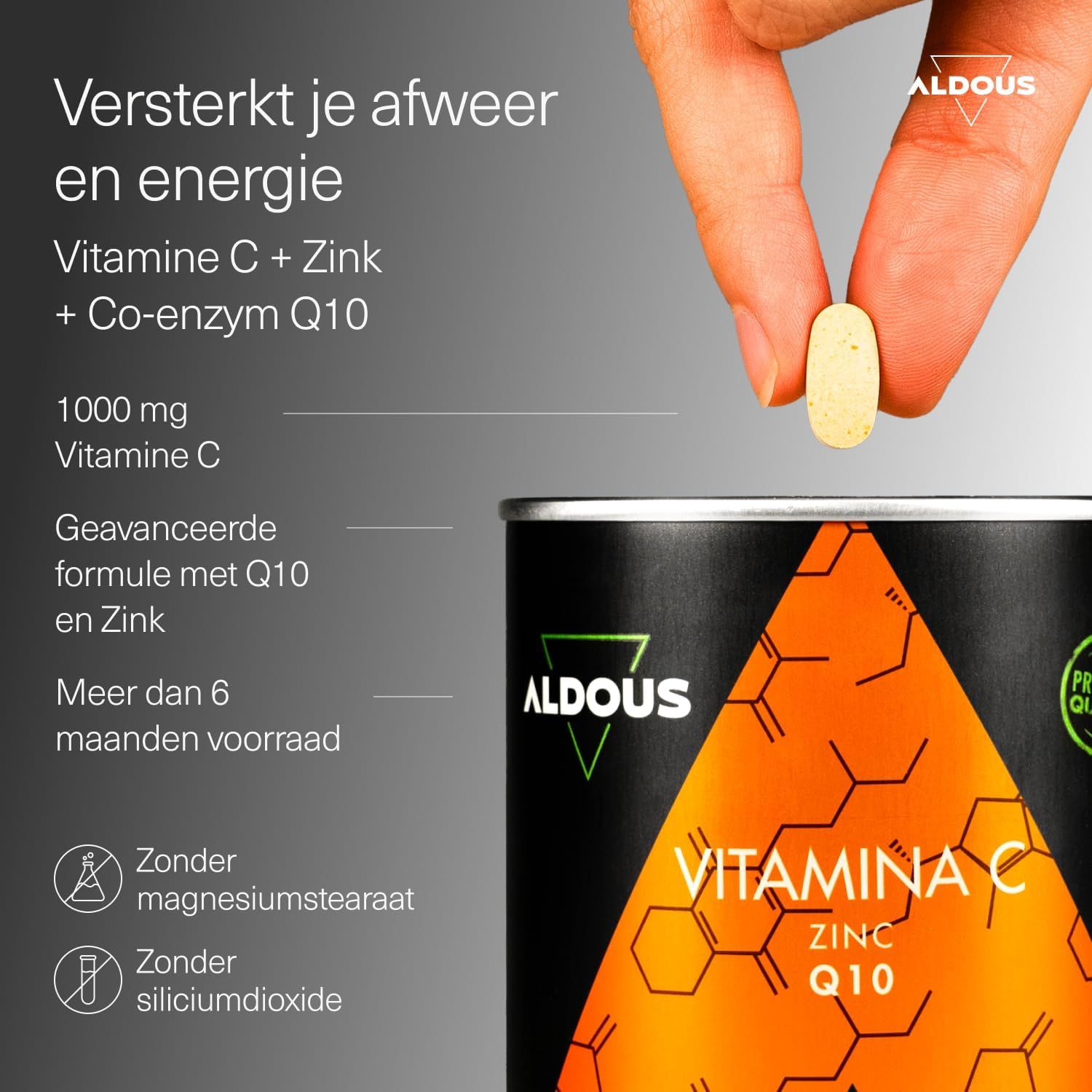 Aldous Vitamina C, Zink, Co-enzym Q10 pot met een tablet. Bevat 1000 mg vitamine C.