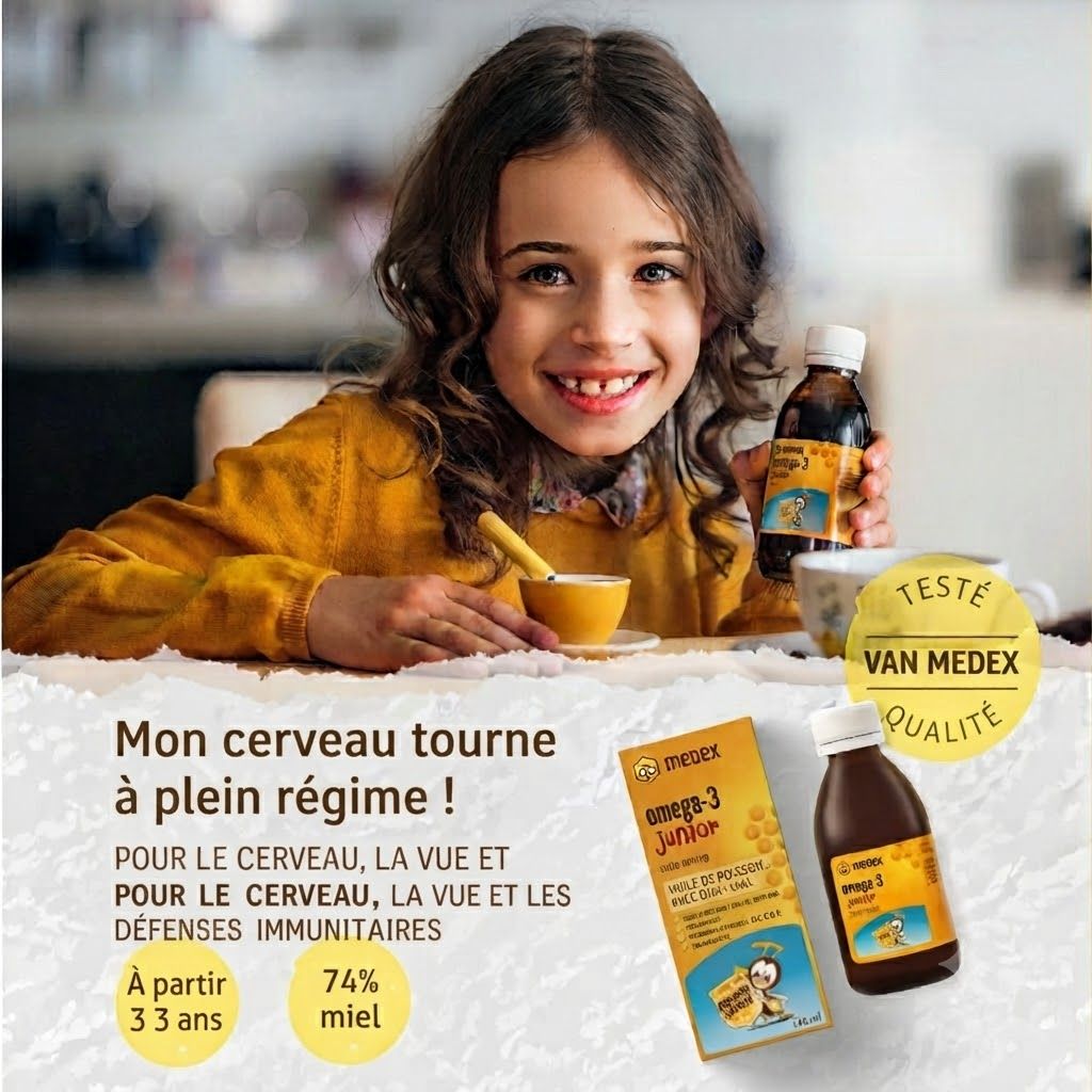 Bouteille et boîte Medex Omega-3 Junior. Bouteille en verre brun avec bouchon blanc et étiquette jaune. Boîte jaune avec informations produit.