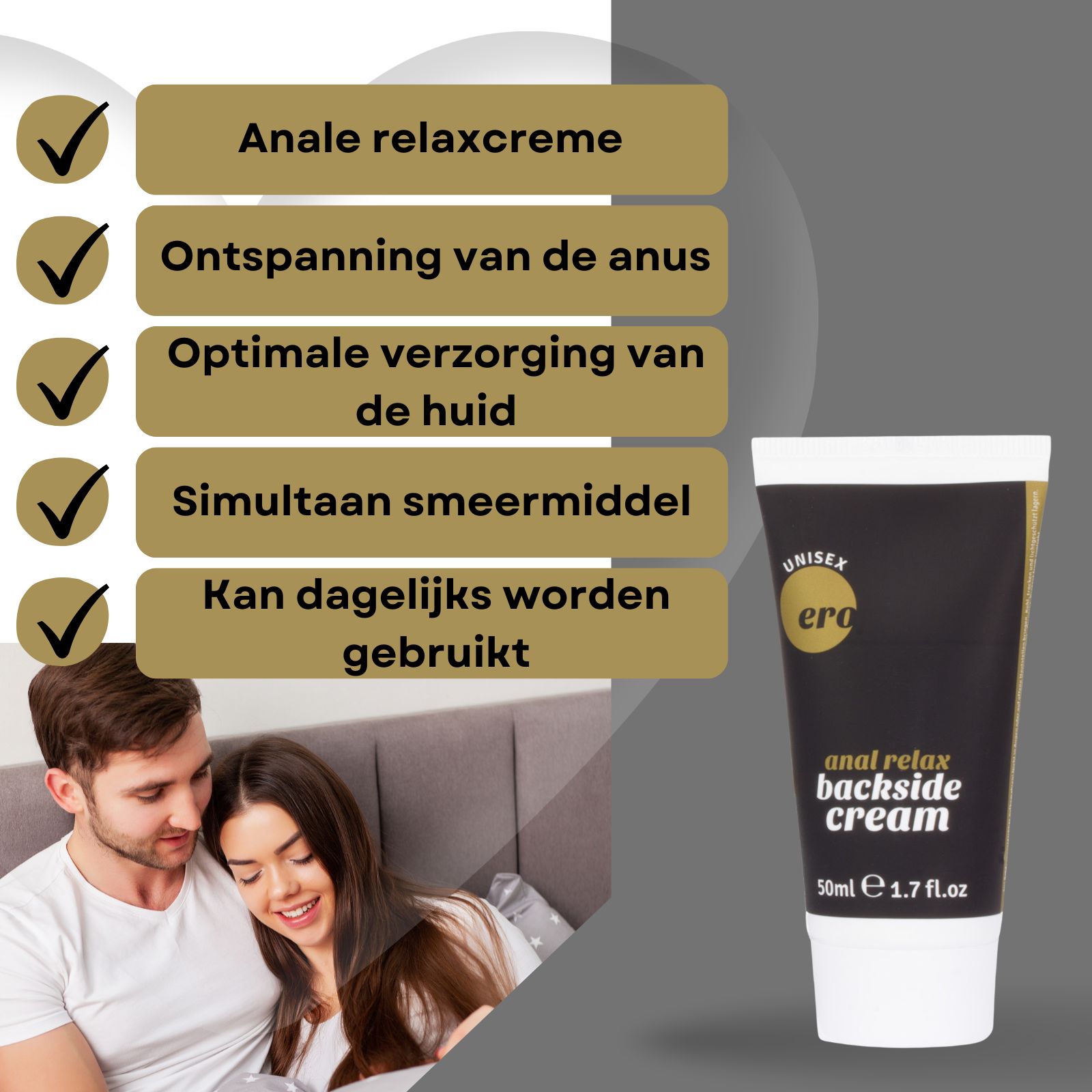 Crèmetube. Opschrift: "Ero", "Anal relax backside cream". 50ml. Koppel in bed.