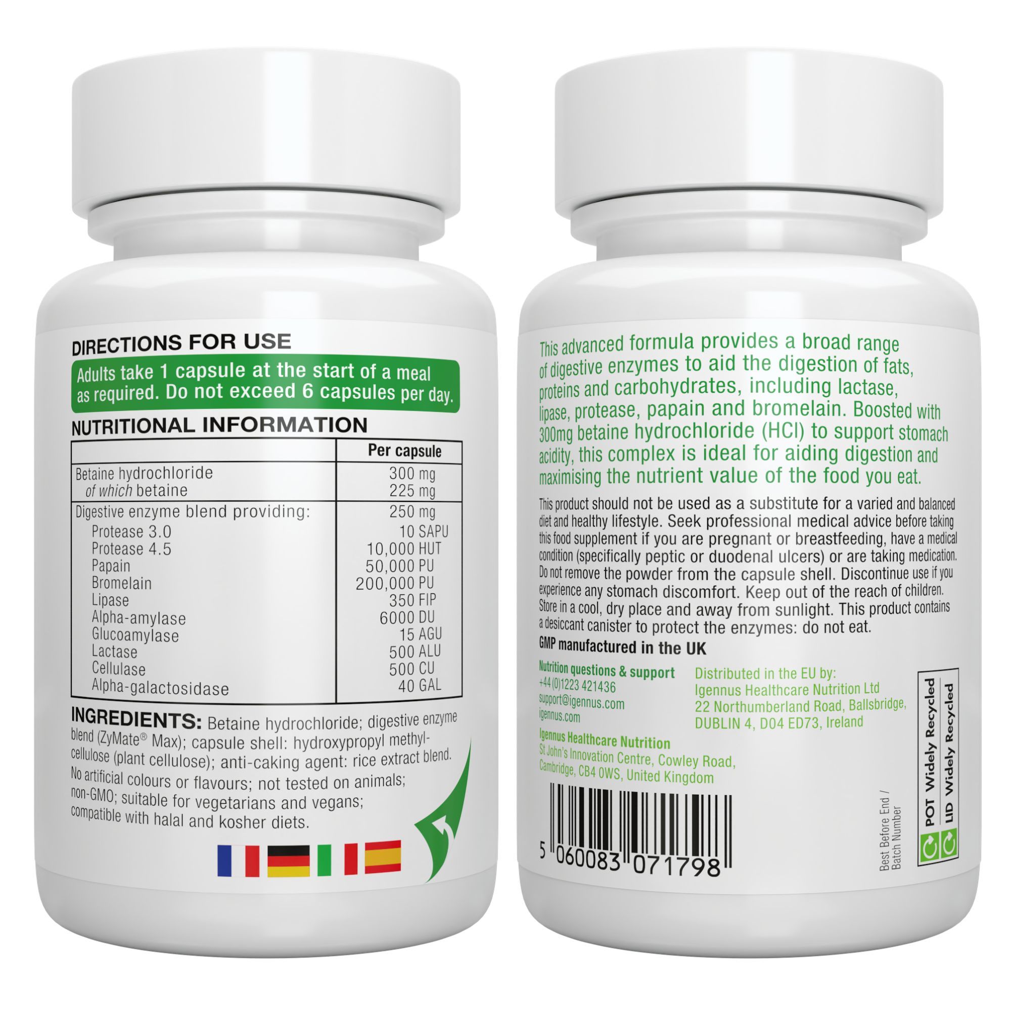 Avant et arrière de la bouteille Igennus Digestive Enzymes avec instructions d'utilisation.