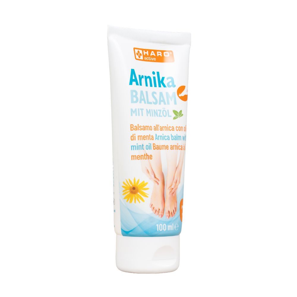 Tube blanc de Haro Arnika Fußbalsam. Texte: Arnika Balsam mit Minzöl. Illustration: pieds. 100 ml.