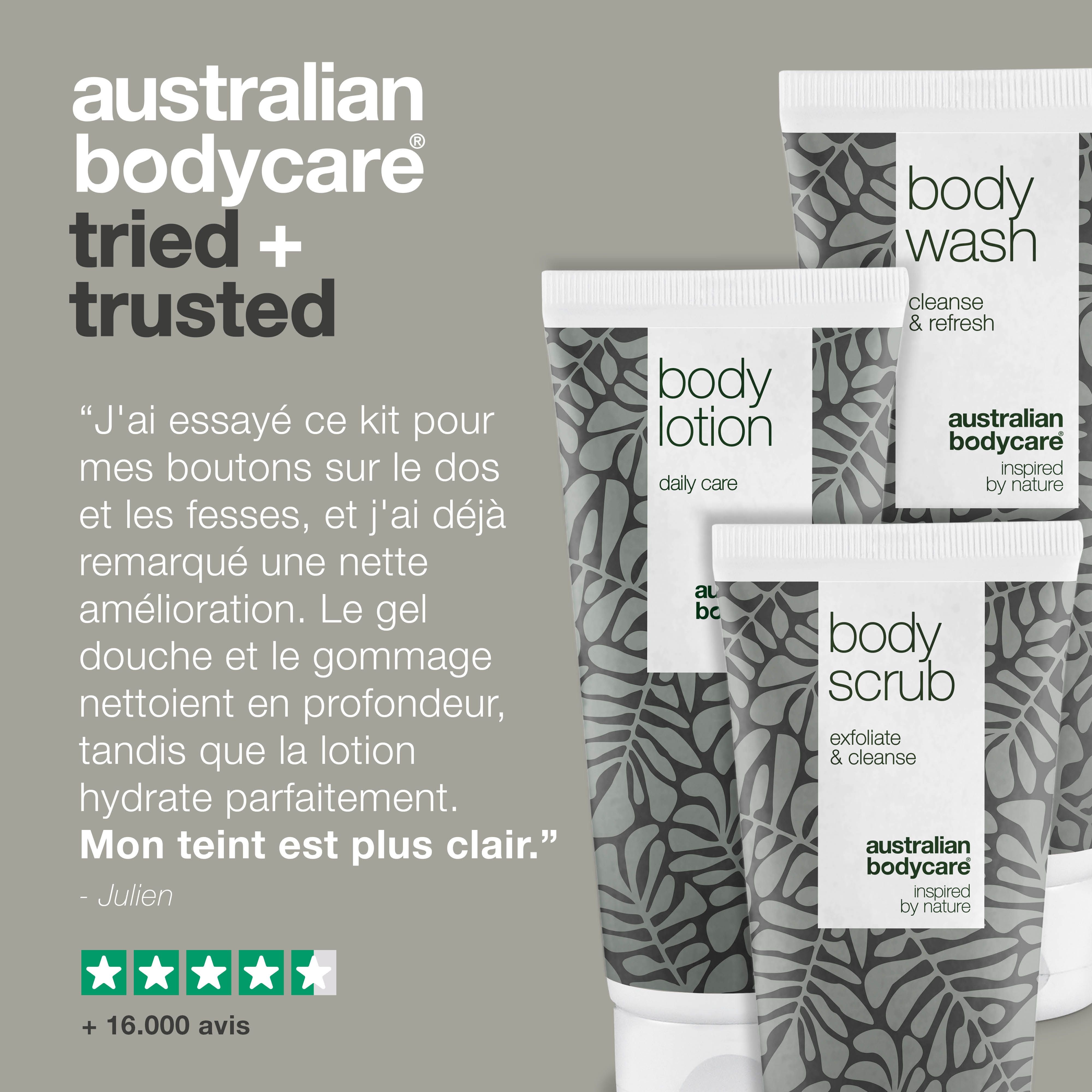 Trois tubes de produits pour le corps. Texte : J'ai essayé cet ensemble et mes problèmes de peau ont fortement diminué.