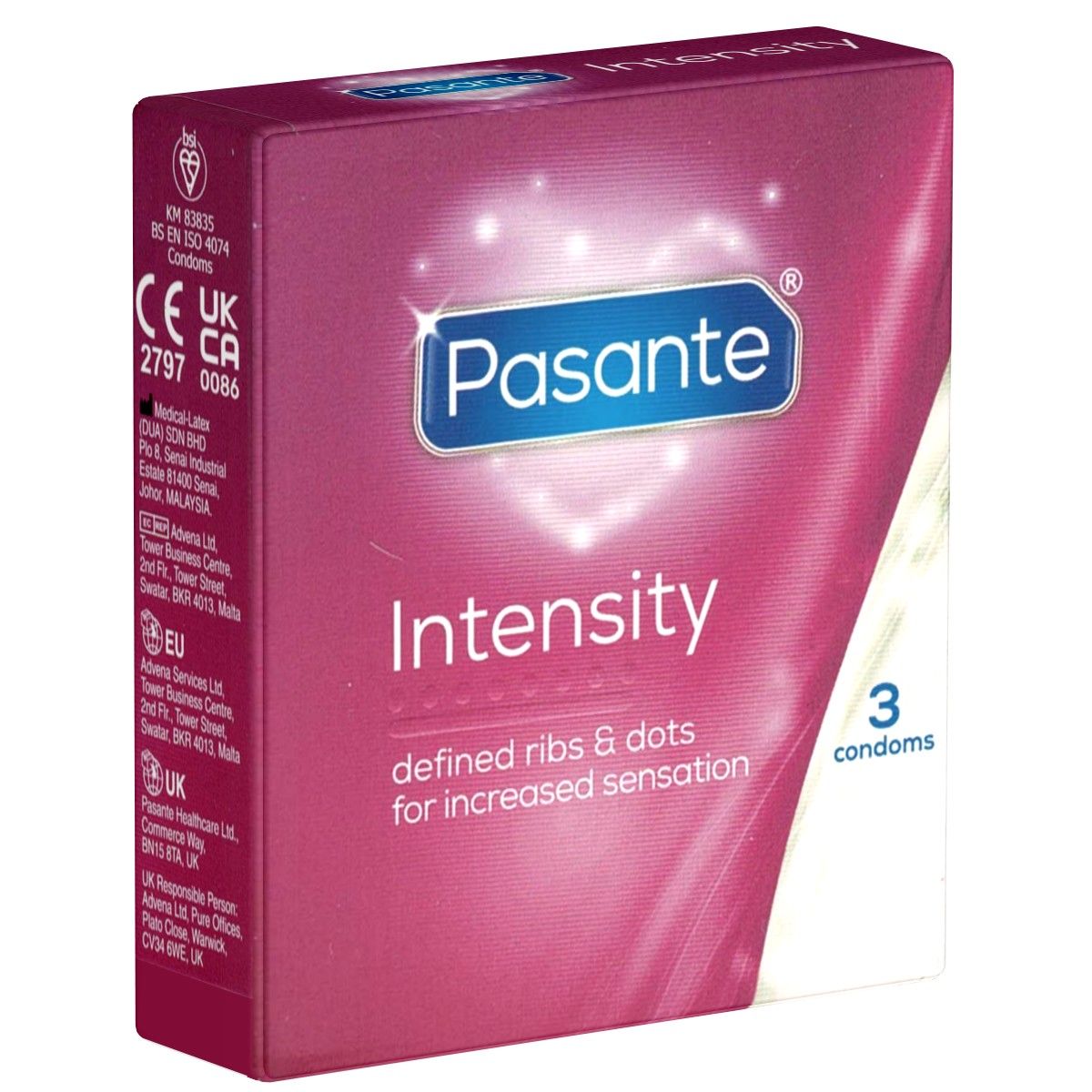 Boîte de préservatifs. Violet avec nom et désignation du produit. Marque : Pasante, produit : Intensity. Contient 3 préservatifs. Avec marquage CE.