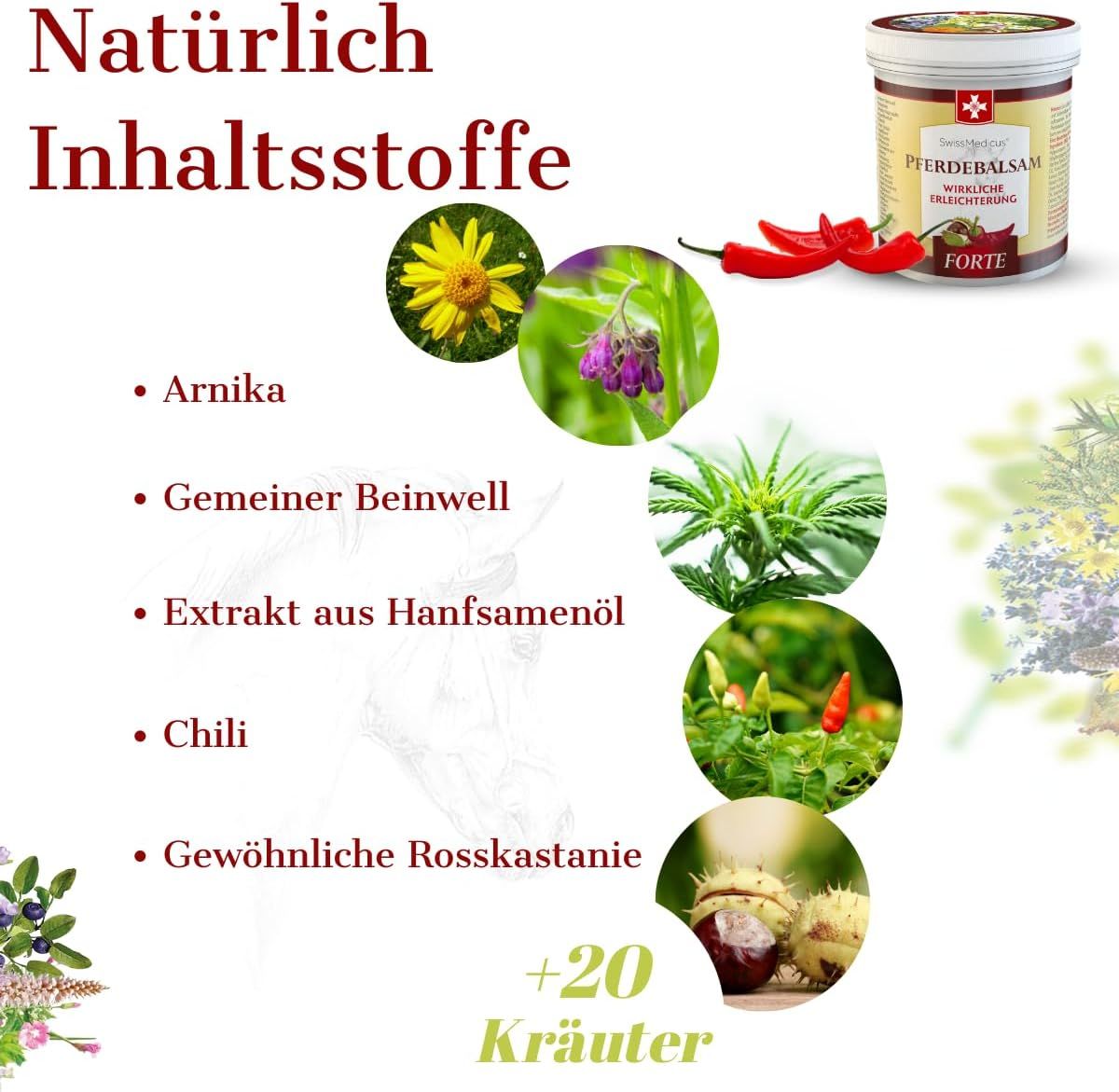 Graphique avec texte 'Ingrédients naturels', image produit et images d'arnica, consoude, chanvre, piment, marron d'Inde.