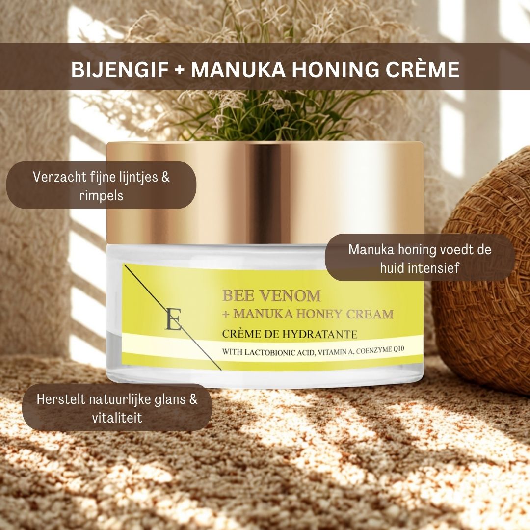 Crèmepot met gouden deksel en geel etiket. Tekst: Bijengif + Manuka Honing Crème. Met lactobionzuur, vitamine A, co-enzym Q10.